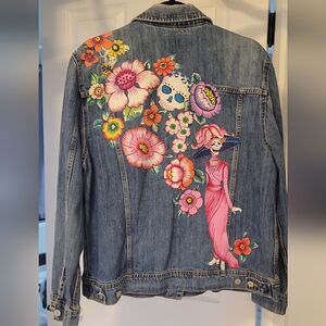 Custom Women's Denim Jacket With Frida Sugar Skull Applique